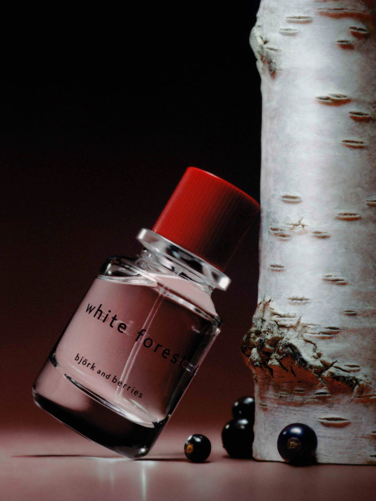 björk and berries white forest eau de perfume leaning agains a björk tree with a dark pink background.