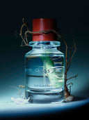 A rose branch wrapping around a bottle of Björk and Berries ros eau de perfume and standing against a dark blue background. 