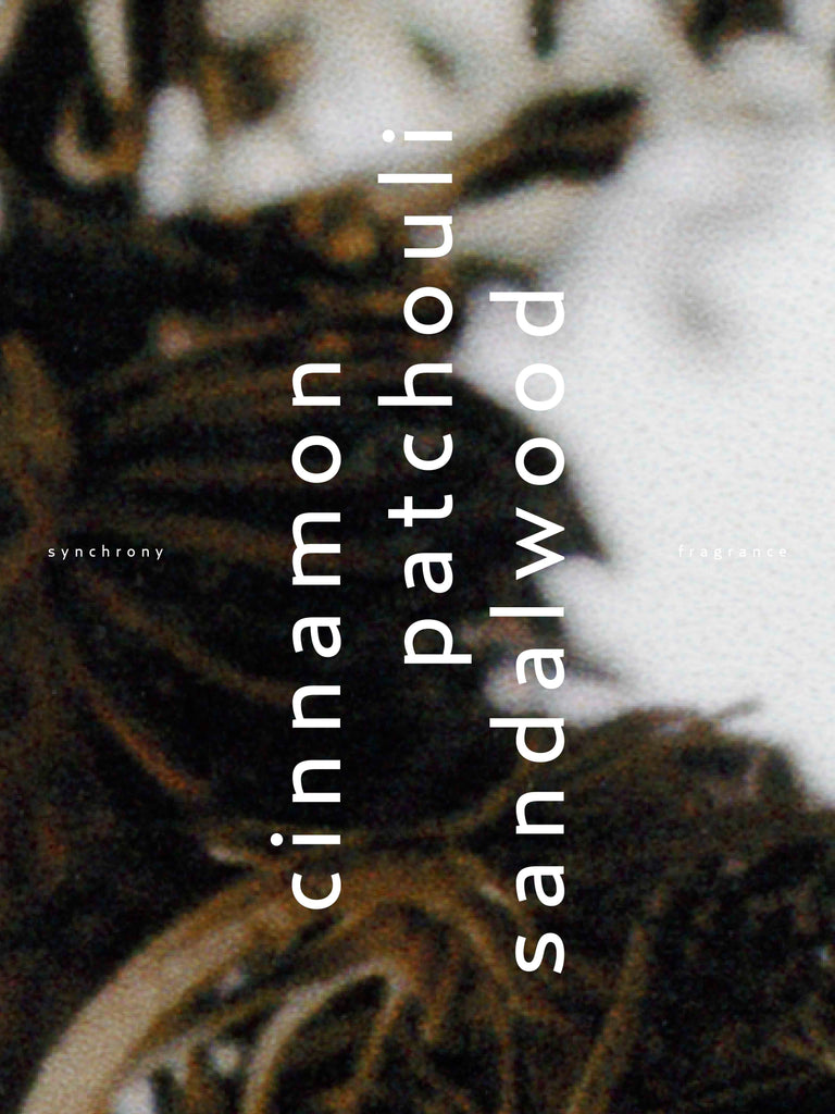 Image highlighting the three top notes the perfume has. Cinnamon, patchouli and sandalwood. 
