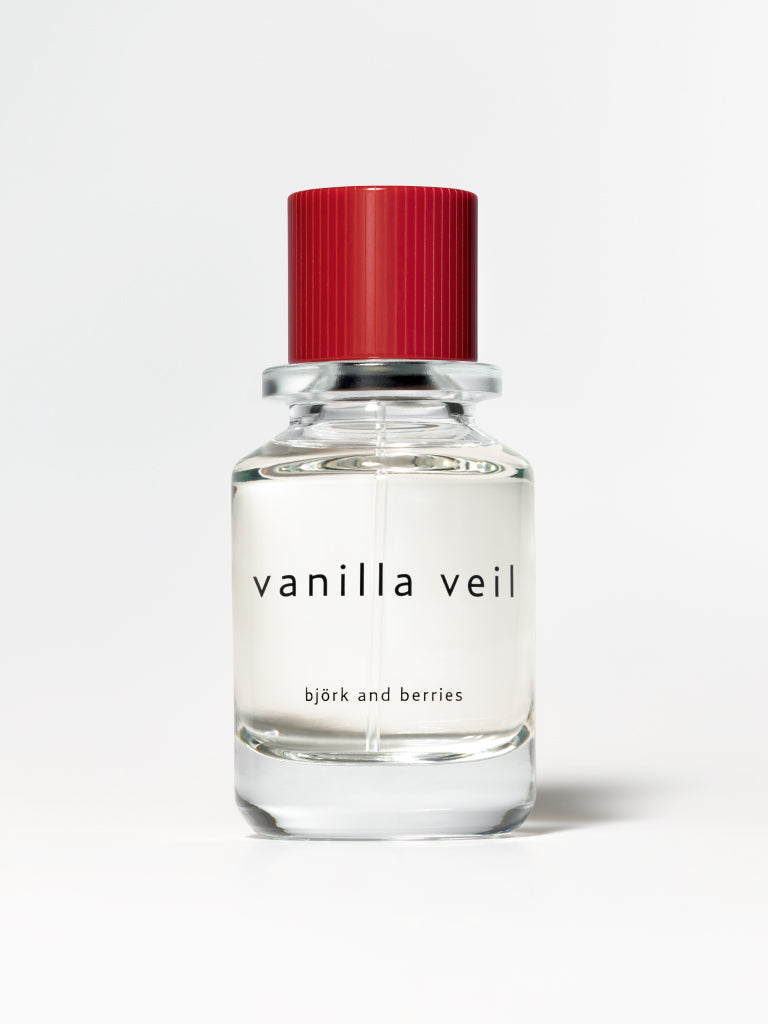 Björk and Berries vanilla veil eau de perfume 50 ml, standing against a white background. 