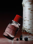 björk and berries white forest eau de perfume leaning agains a björk tree with a dark pink background. 
